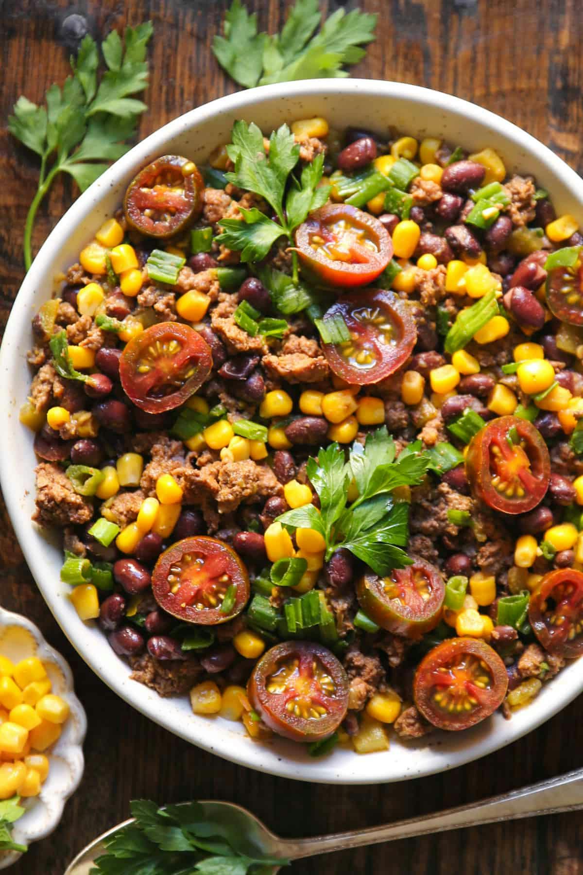 Mexican Ground Beef with Black Beans, Corn, Tomatoes 