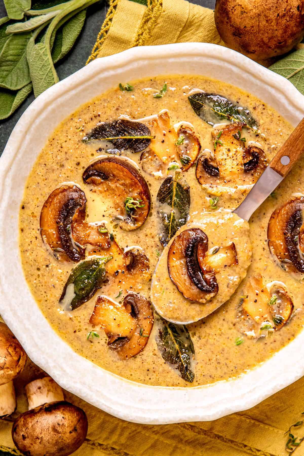 Fall Mushroom Soup in a white bowl.