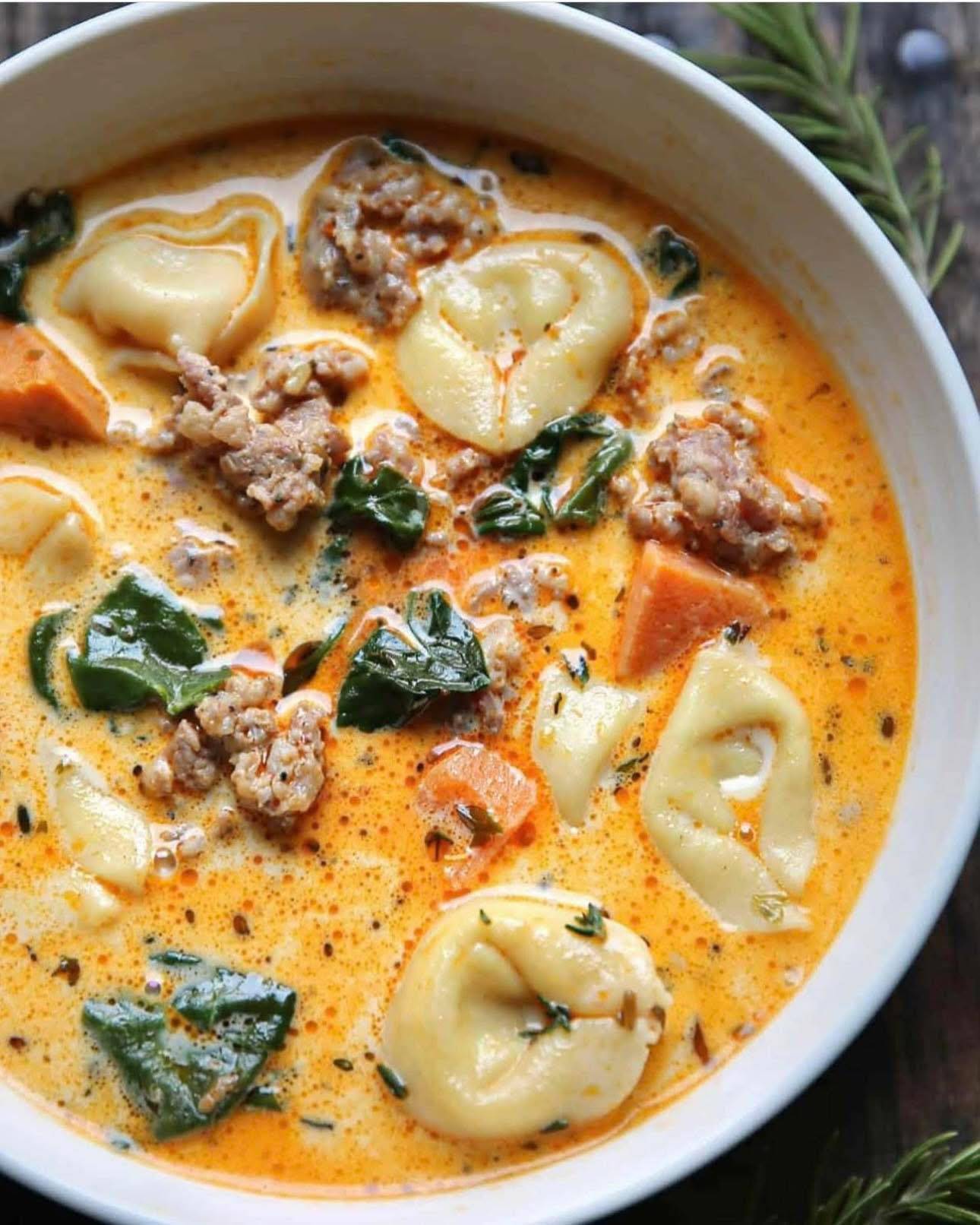 Creamy Sausage Tortellini Soup in a bowl.