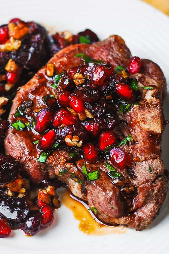 Garlicky Lamb Chops with Cranberry Balsamic Reduction, Pomegranate Seeds, and Pecans.