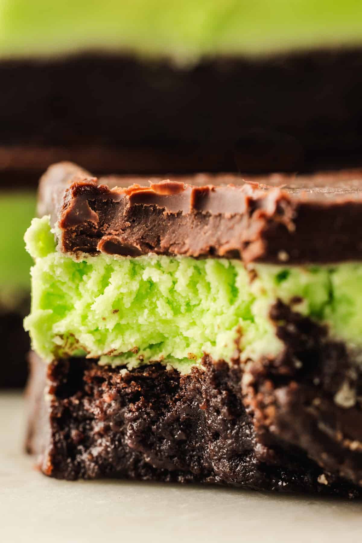 Mint Chocolate Brownies with a bite taken out.