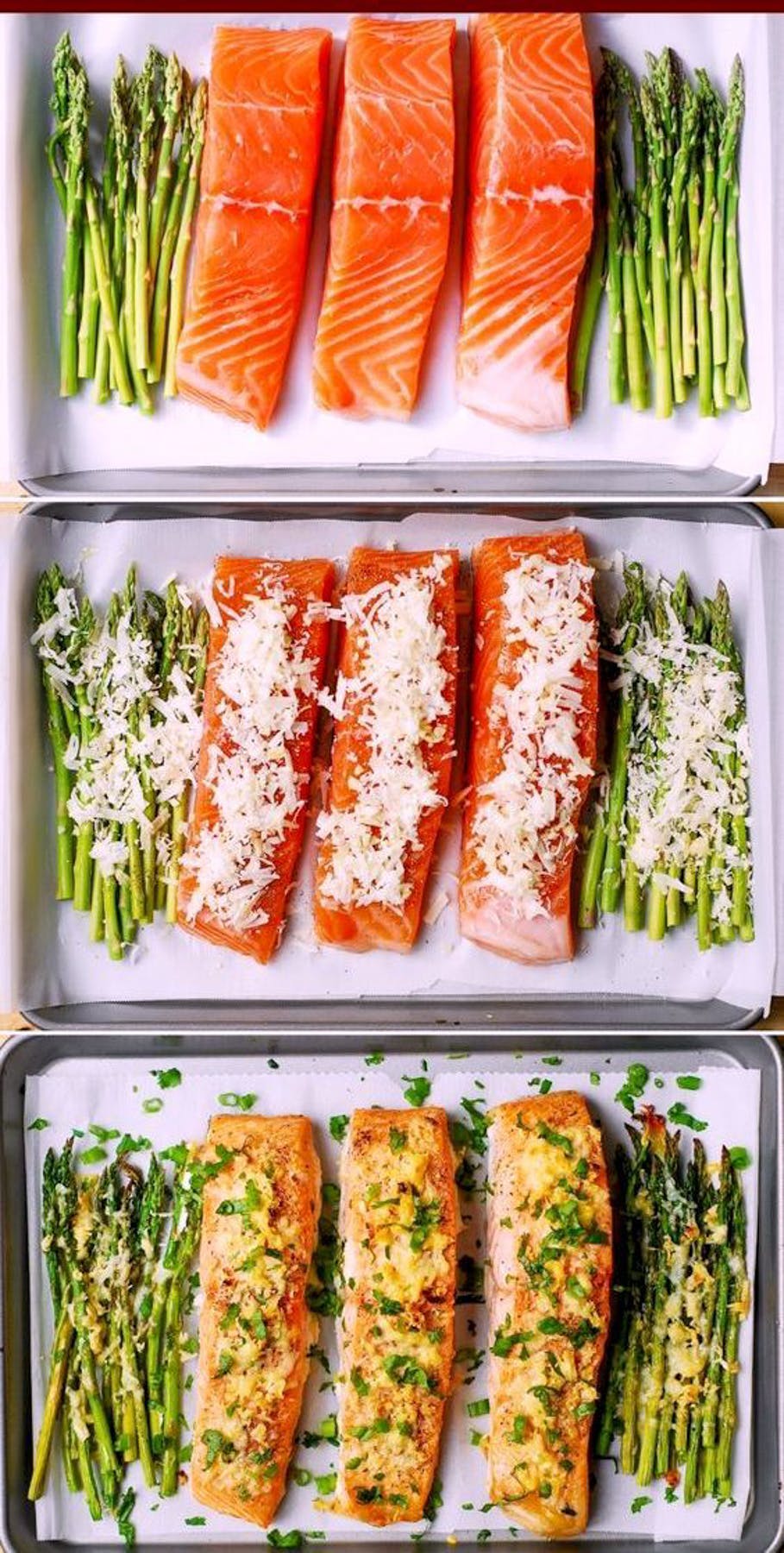 Garlic Parmesan Crusted Baked Salmon and Asparagus (collage of 3 photos)