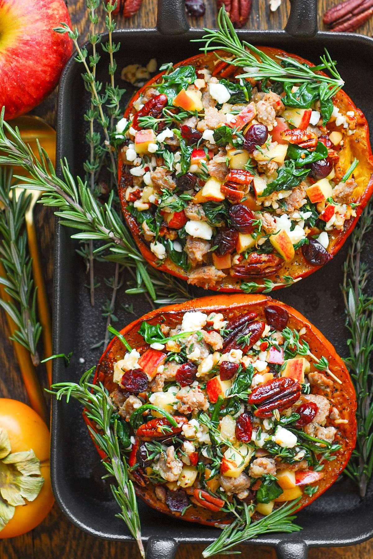 Roasted Stuffed Pumpkin (or Acorn Squash) with Italian Sausage, Spinach, Apples, Feta, Cranberries, Pecans