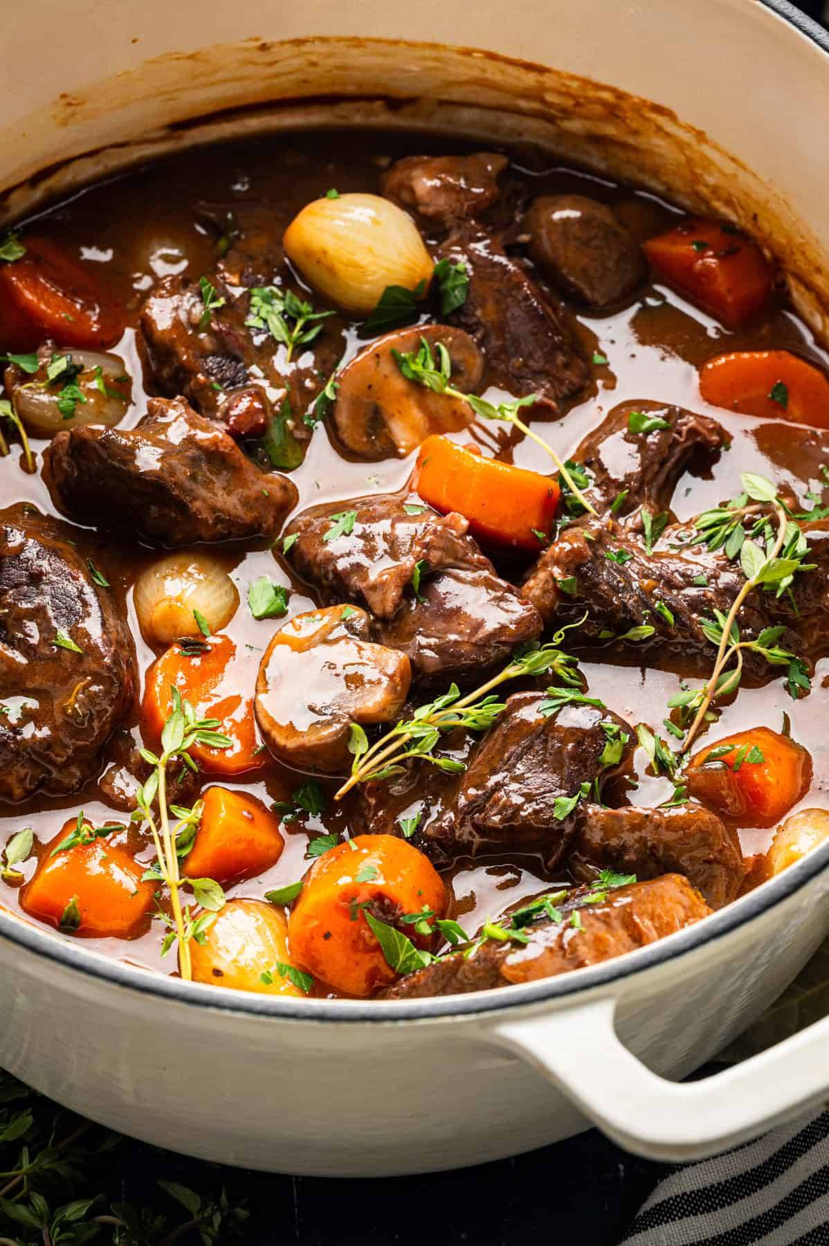Classic Beef Bourguignon (French Red-Wine Beef Stew) in a Dutch oven.