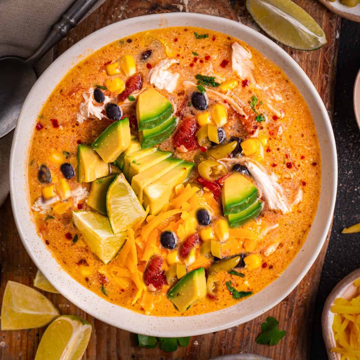 Chicken Enchilada Soup in a bowl.