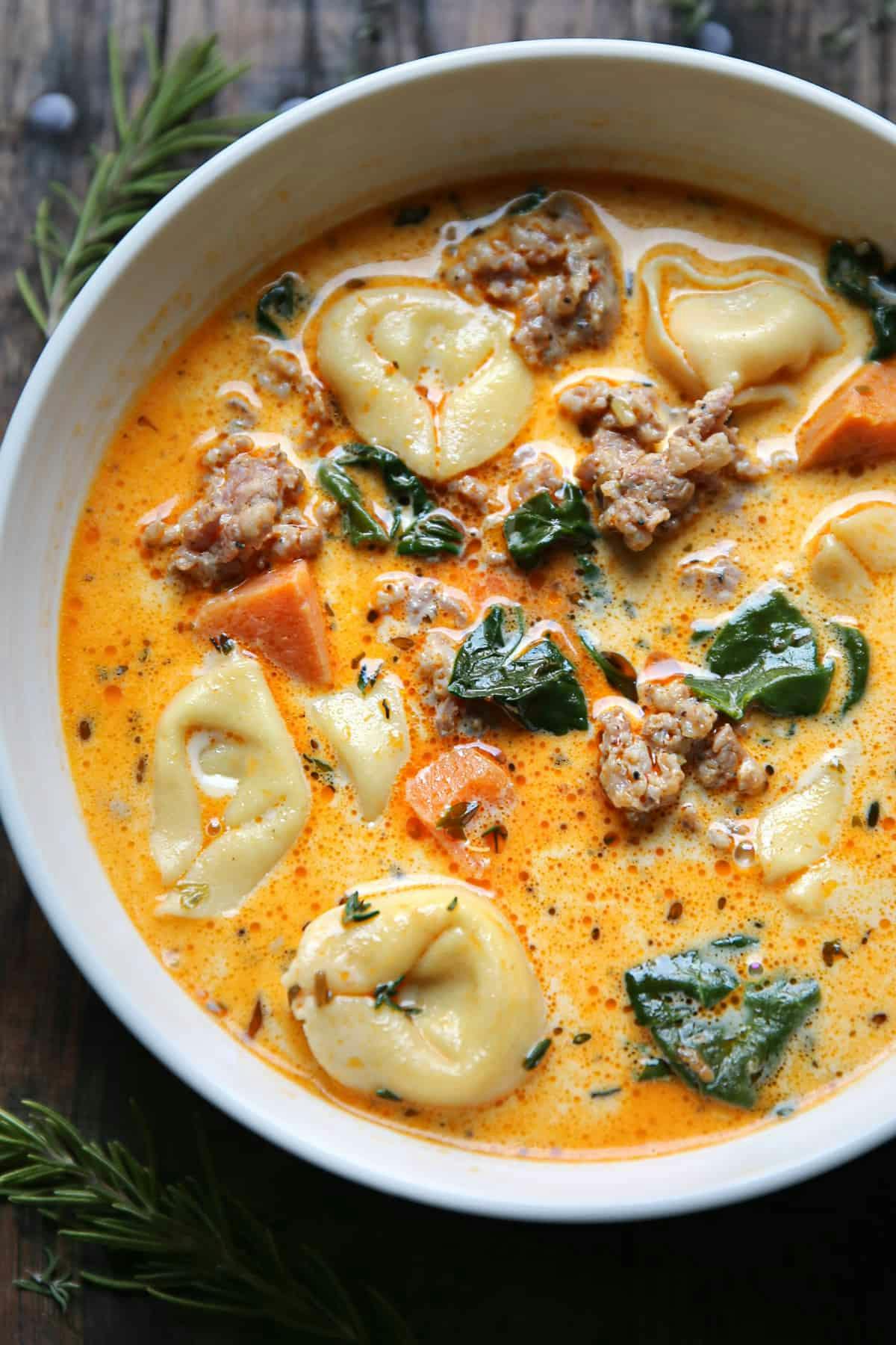 Creamy Sausage Tortellini Soup with Spinach and Sweet Potatoes (or carrots or regular potatoes)