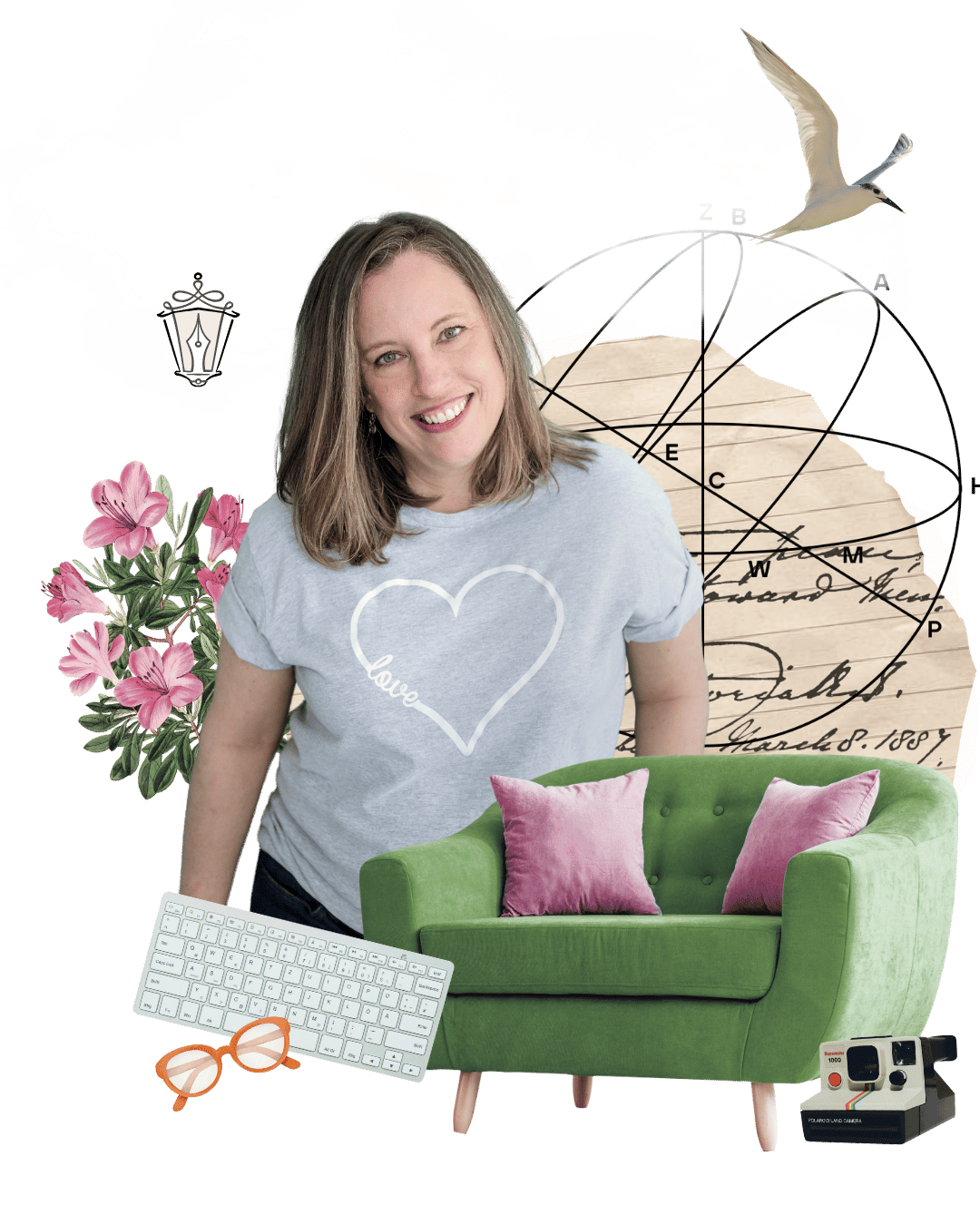image of Stephanie Dethlefs smiling with a collage of colorful items wearing a t-shirt that reads "love"