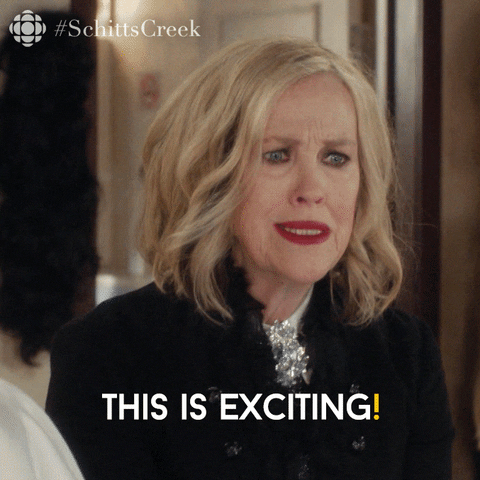 GIF of Moira Rose (actor Catherine O'Hara) from Schitt's Creek saying "this is exciting!"