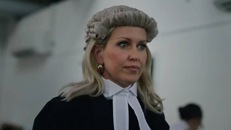 Jennifer Robinson, human rights lawyer, in barrister's wig and robes in Silenced (2026).