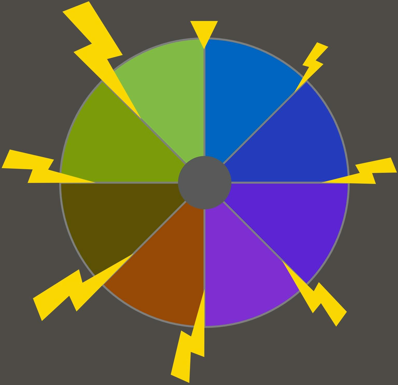 Circle with 8 segments (like a pizzia pia), with lightening bolts striking between each segment.