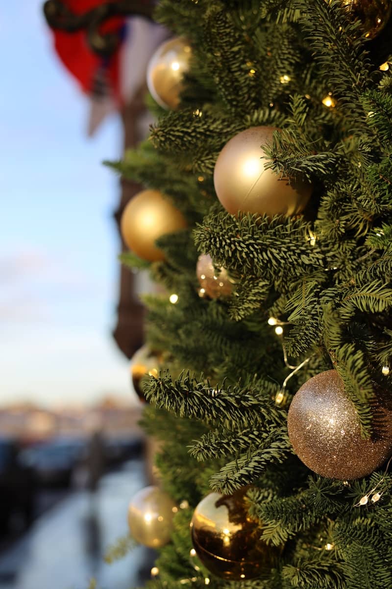 A close up of a christmas tree with ornaments