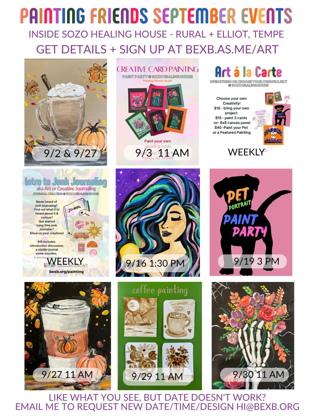 Painting Friends September Events flyer for Sozo Healing House in Tempe: nine painting tiles — a pumpkin latte painting for 9/2 & 9/27, Creative Card Painting for 9/3 at 11am, weekly Art à la Carte open studio, weekly Intro to Junk Journaling, a colorful 