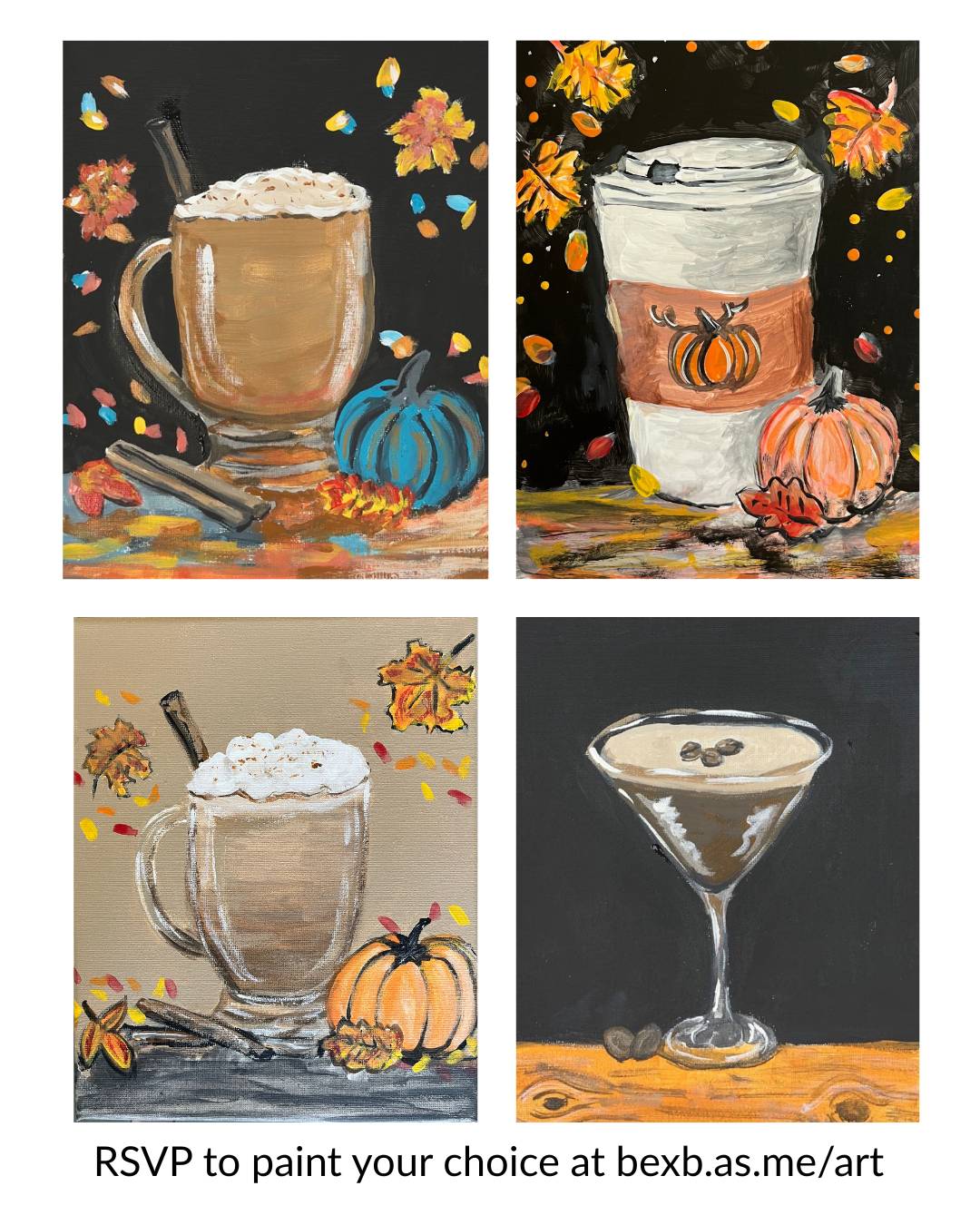 4 painting tiles — 2 pumpkin latte paintings, a to go cup with pumpkin decoration and espresso martini