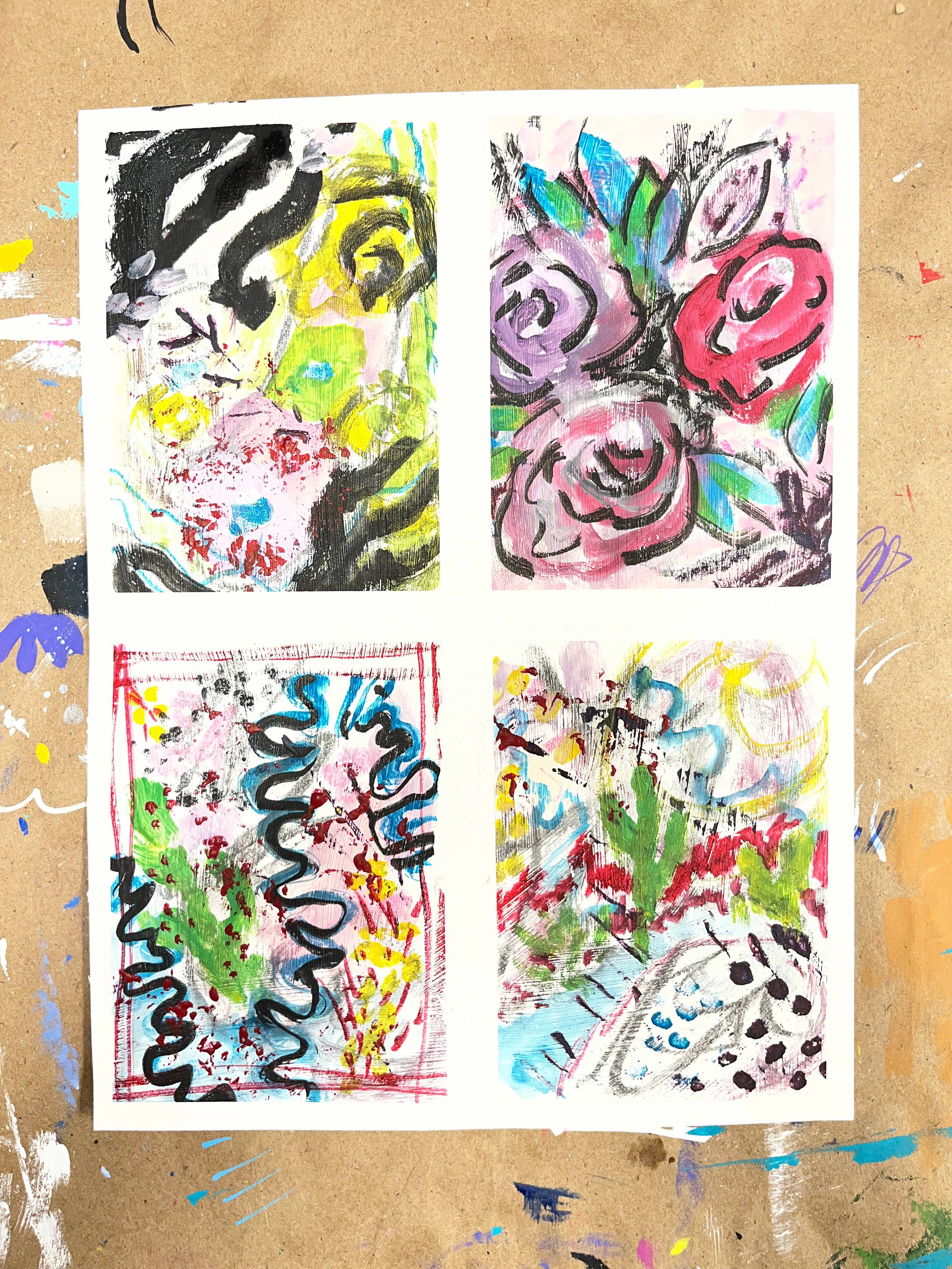 4 painting panels — abstract art on a brown craft paper background