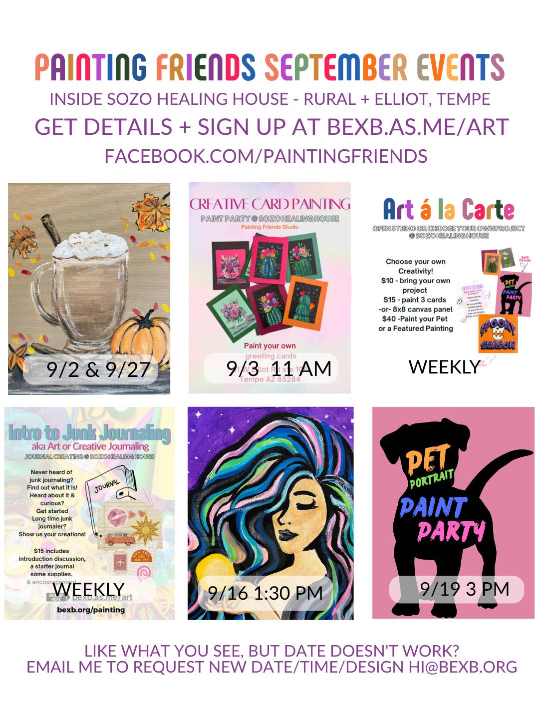 Painting Friends September Events flyer for Sozo Healing House in Tempe: six painting tiles — a pumpkin latte painting for 9/2 & 9/27, Creative Card Painting for 9/3 at 11am, weekly Art à la Carte open studio, weekly Intro to Junk Journaling, a colorful w