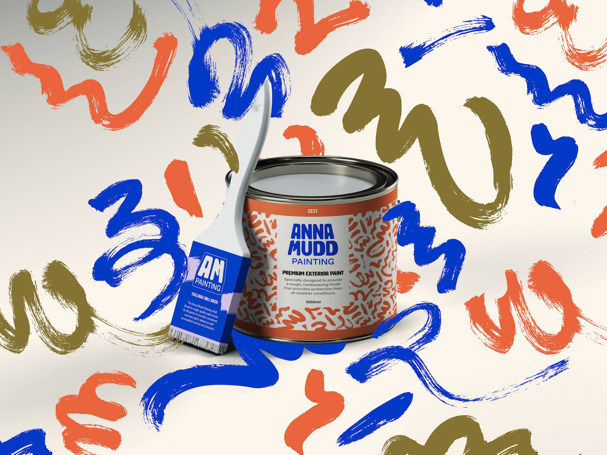 A bucket of paint with Anna Mudd's branding. Paint splatter background.