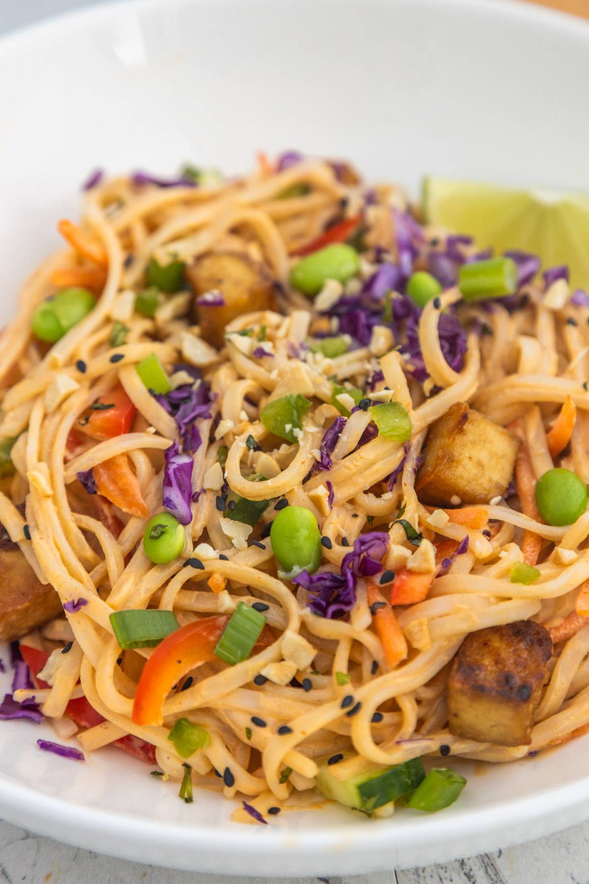 Thai Noodle Salad with Spicy Peanut Sauce in a bowl.