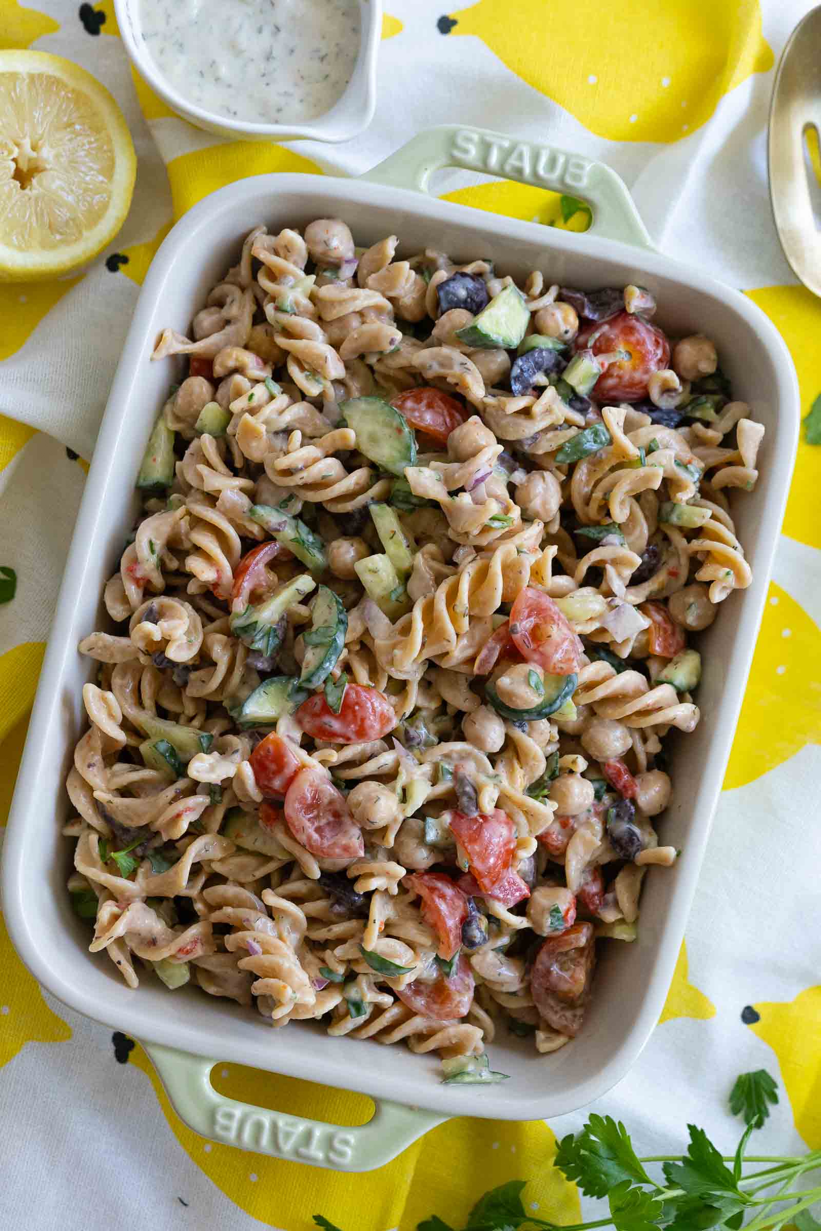 Mediterranean High-Protein Vegan Pasta Salad with Yogurt Tzatziki Dressing