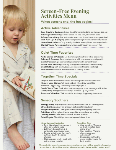 Screen Free Evening Activities Menu