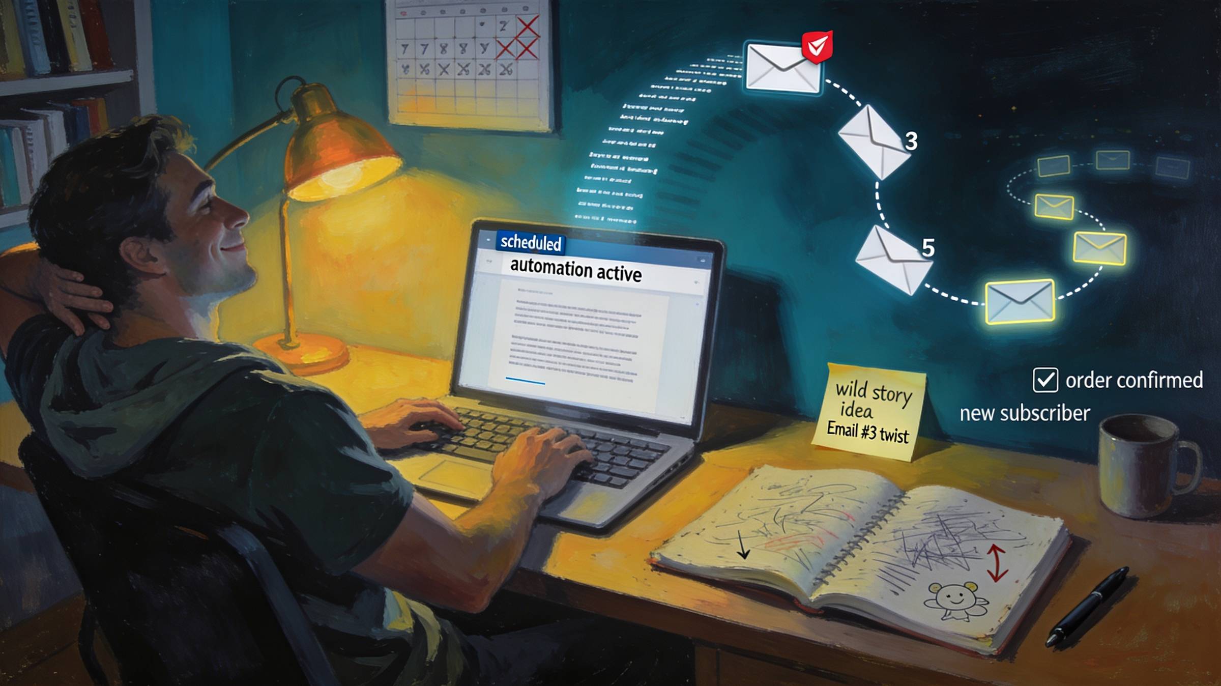 A person enjoying himself writing emails and building email automations