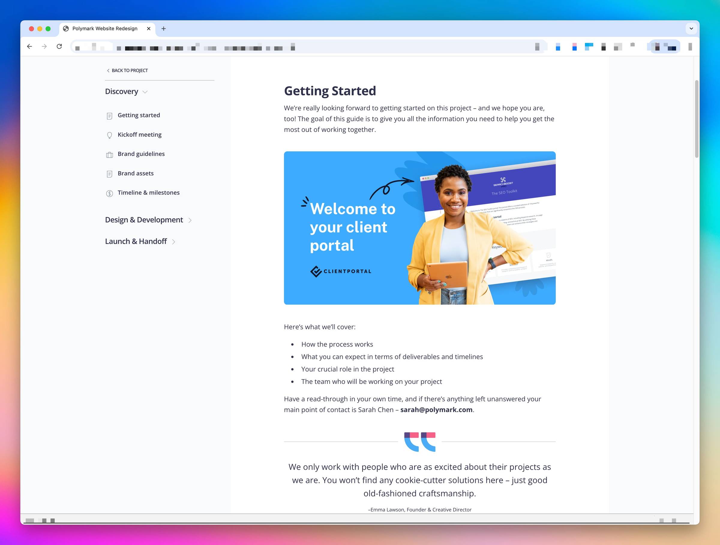 Client Portal content page displaying styled pull quote, call-out block, and table