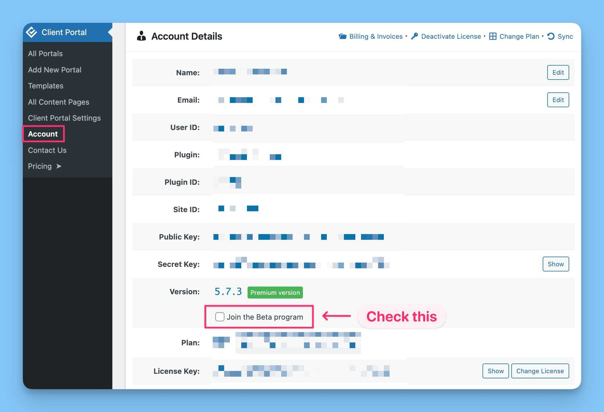 Client Portal Account settings page in WordPress showing the Beta Program opt-in checkbox