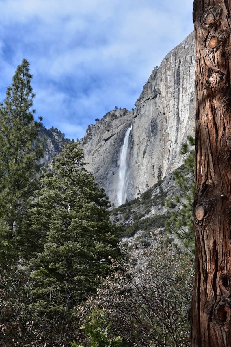 Tall waterfall cascades down a rocky cliff face.