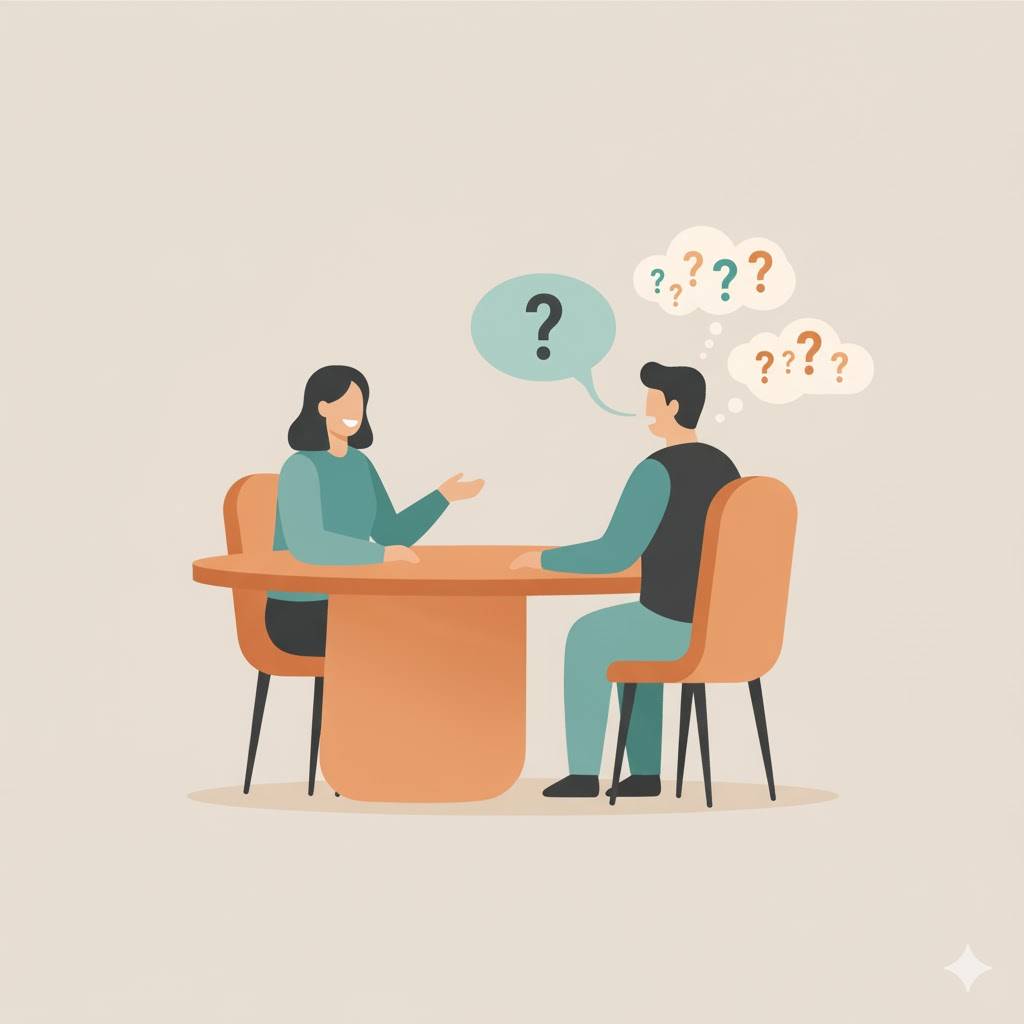 Ilustración conceptual. Muestra una mesa de entrevista con dos personas sentadas frente a frente. La persona a la izquierda (candidata) habla con confianza, gesticulando con la mano. La persona a la derecha (reclutadora) tiene una burbuja de diálogo flota