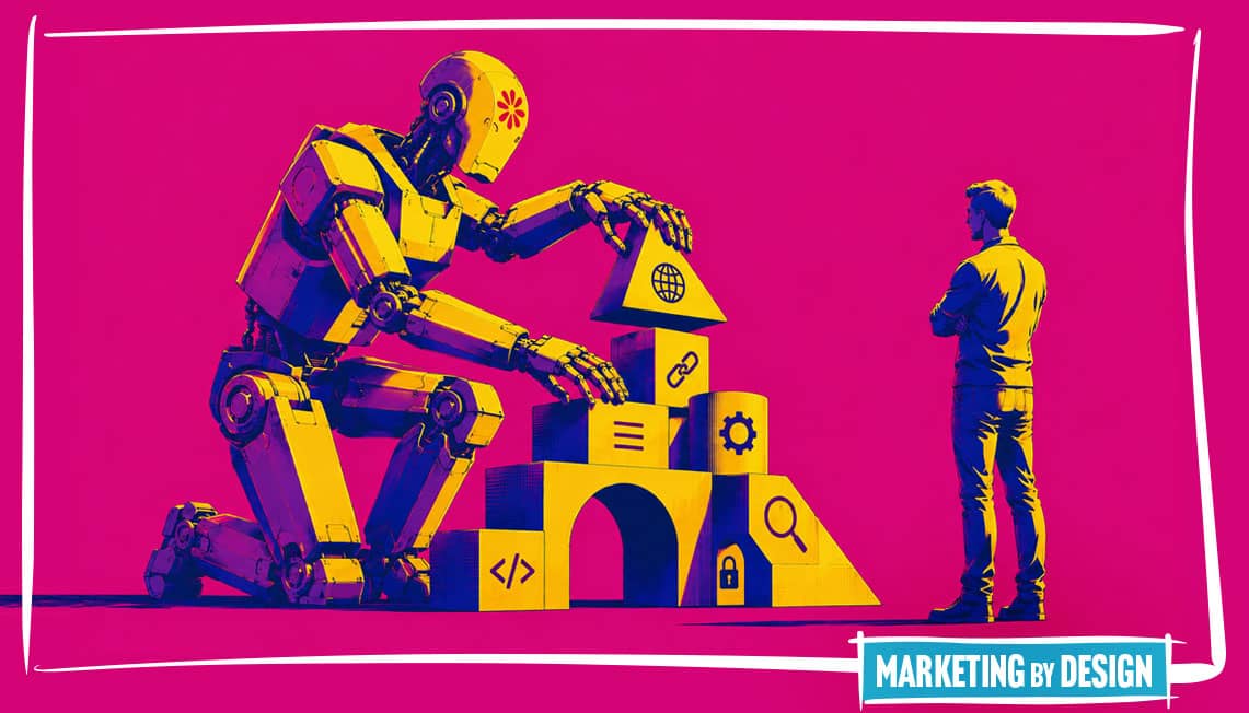 A robot building a website under the supervision of a human