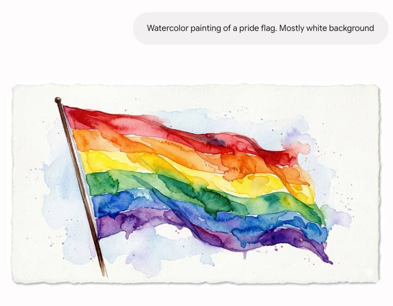 Screenshot of Gemini prompt and response showing a watercolor painting of a pride flag
