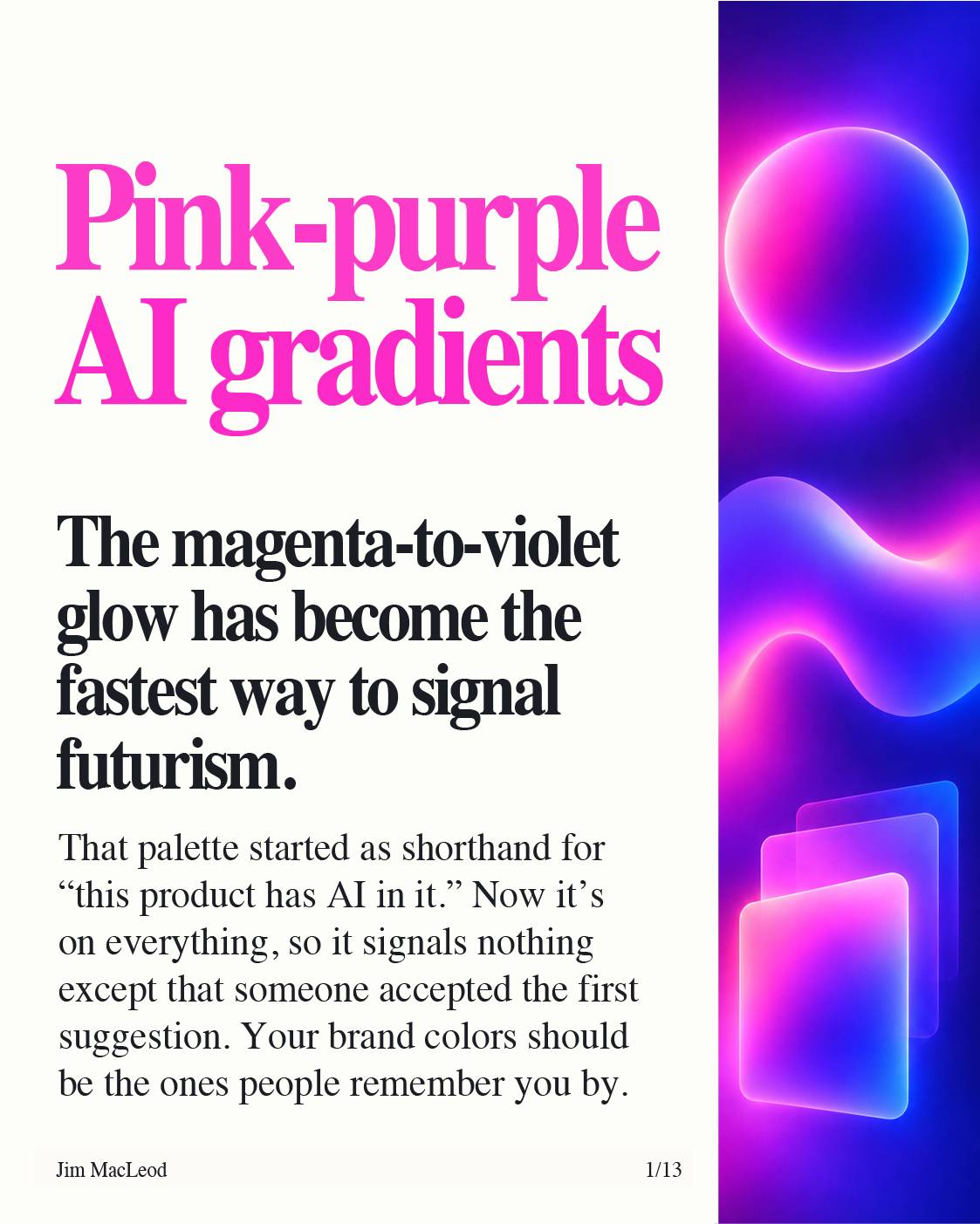 Slide on pink-purple AI gradients, showing glowing magenta-to-violet spheres and glass panels.