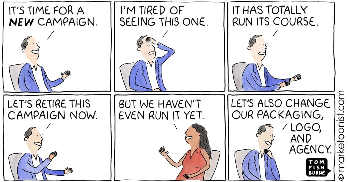 Comic strip by Marketoonist where a marketing leader wants to change a campaign, even though it hasn't run yet. 