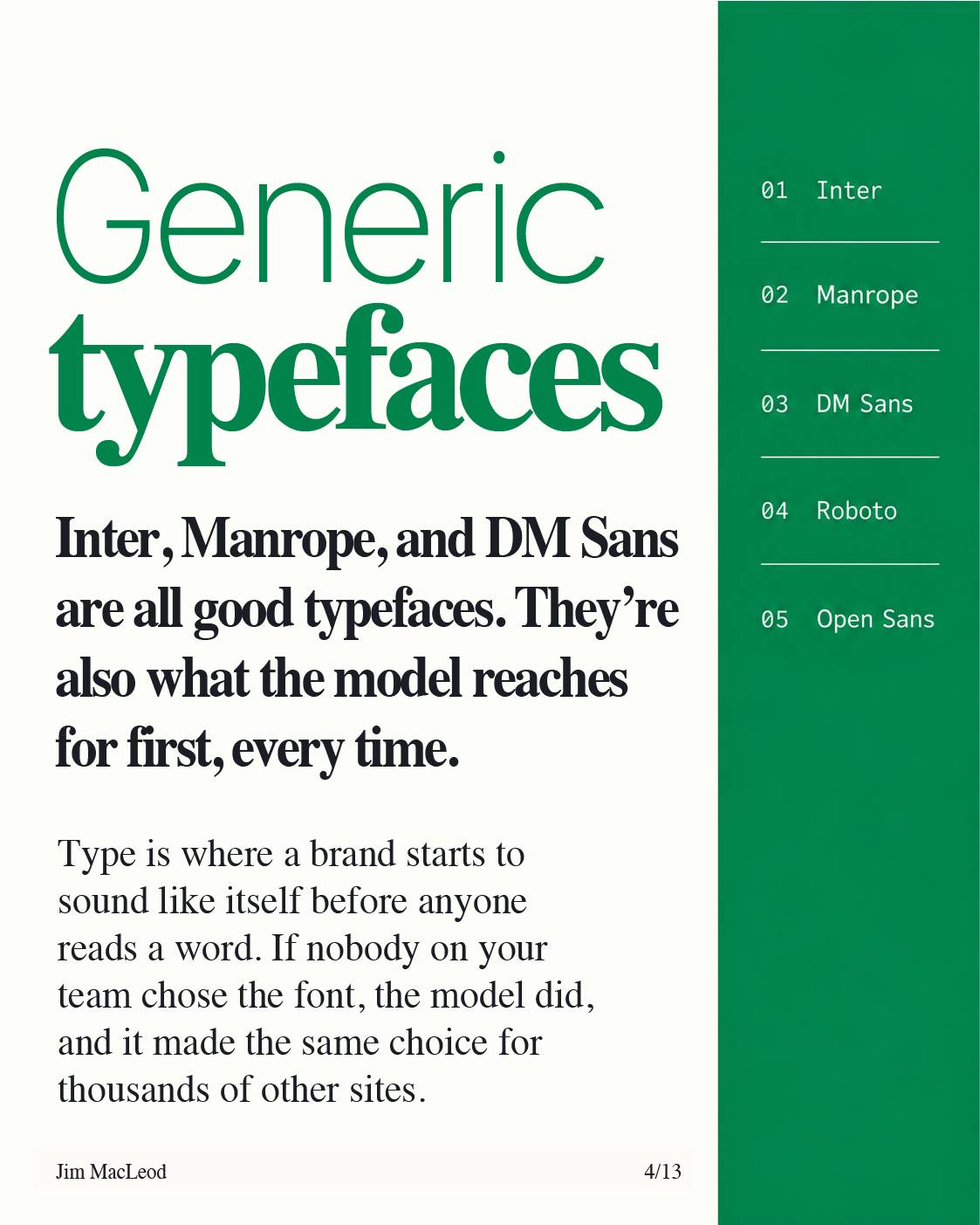 Slide on generic typefaces, listing Inter, Manrope, DM Sans, Roboto, and Open Sans.