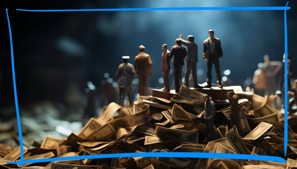 Midjourney people standing on a pile of money