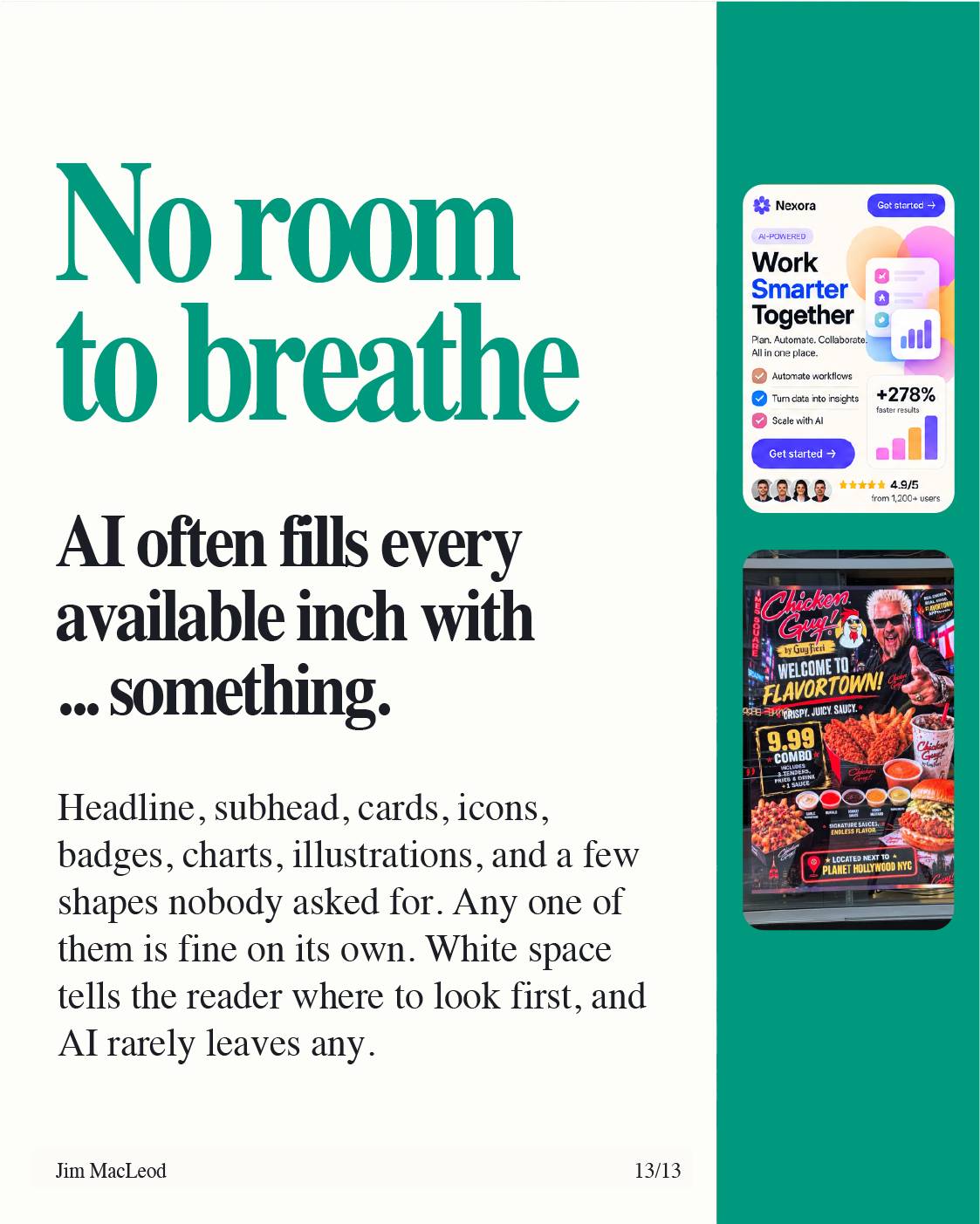 Slide on crowded layouts, showing a landing page and a poster packed with elements.