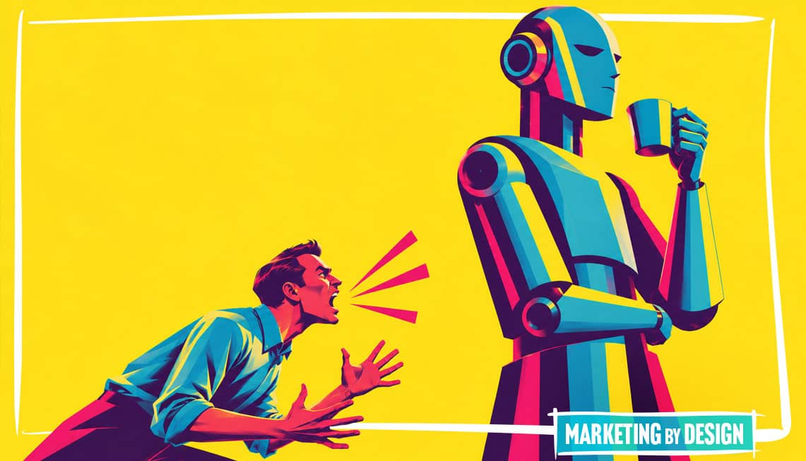 Illustration of a marketer yelling his new brand at a robot and the robot doesn't care