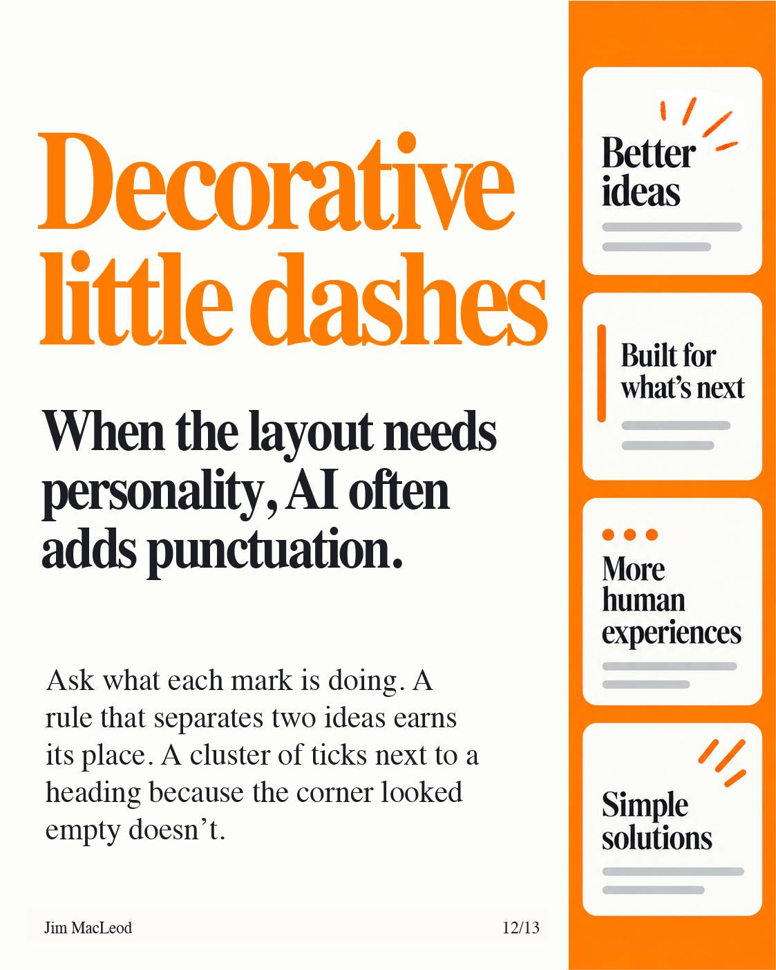 Slide on decorative little dashes, showing cards with ticks, dots, and lines added next to headings.