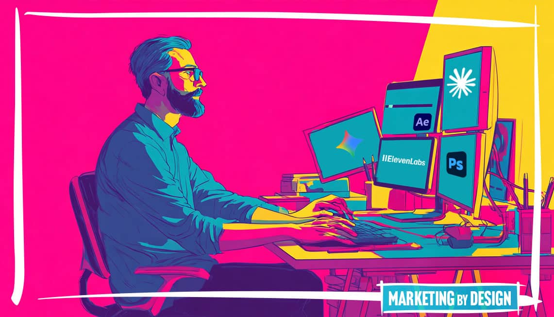 Illustration of designer using multiple AI tools