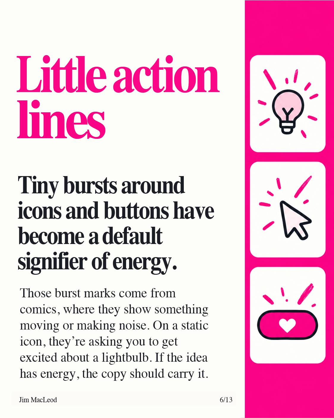 Slide on little action lines, showing burst marks around a lightbulb, a cursor, and a button.
