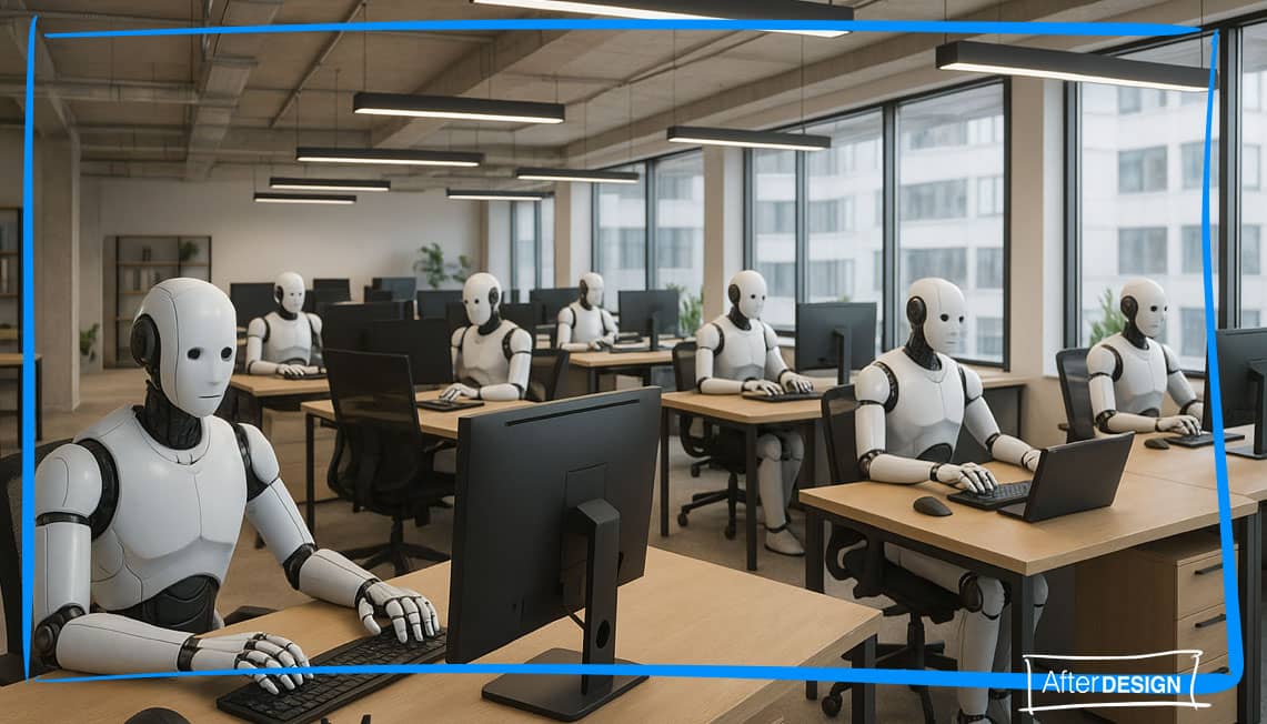 An office full of robots who have taken human jobs. 