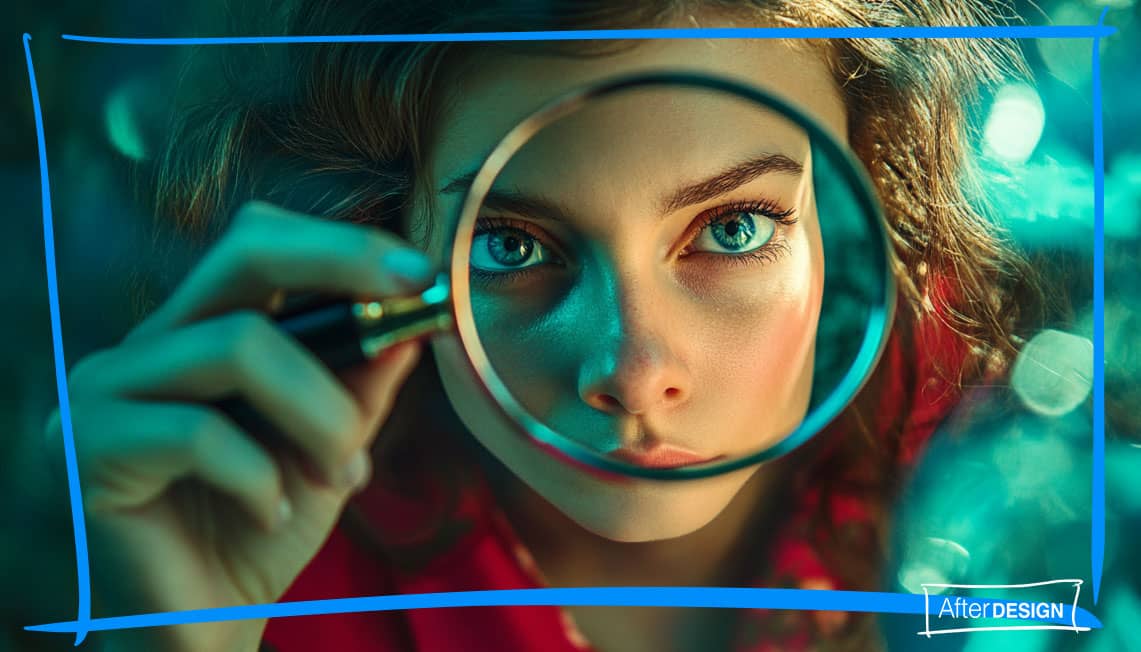 woman looking through magnifying glass