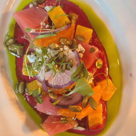 Trinity Beet salad with cara cara orange, bleu cheese and pepitas