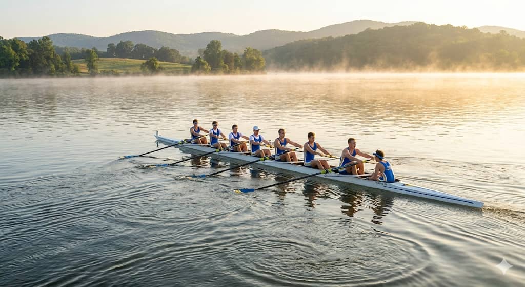Rowers in a coxed eight racing shell