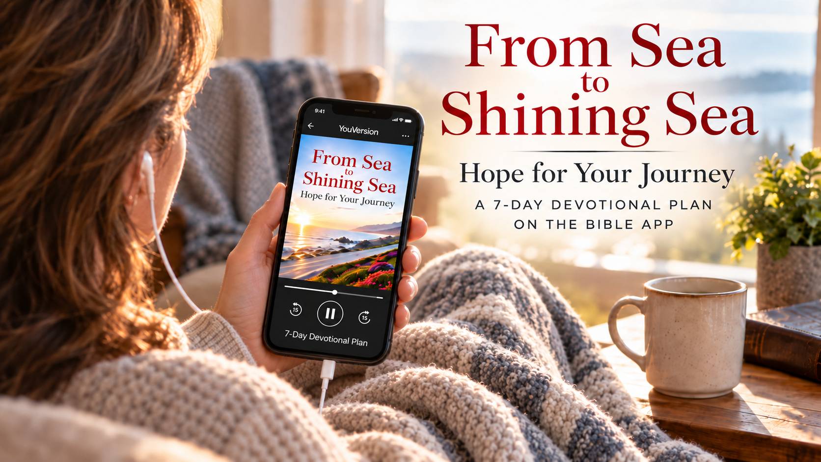 Woman holding phone with Bible app devotion