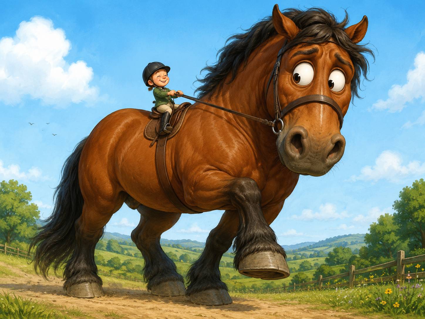 illustration of huge horse with surprised eyes and tiny boy rider