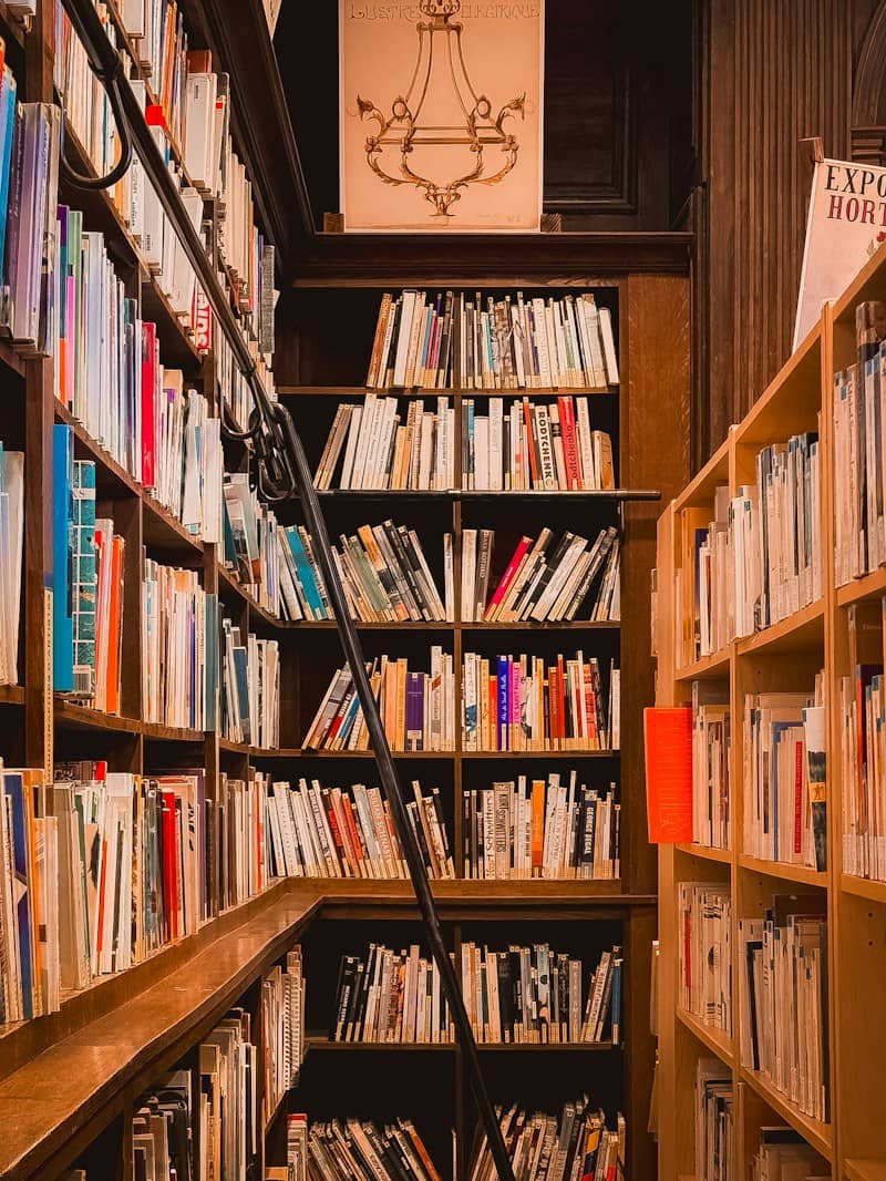 Tall wooden bookshelves filled with many books in a quiet library interior