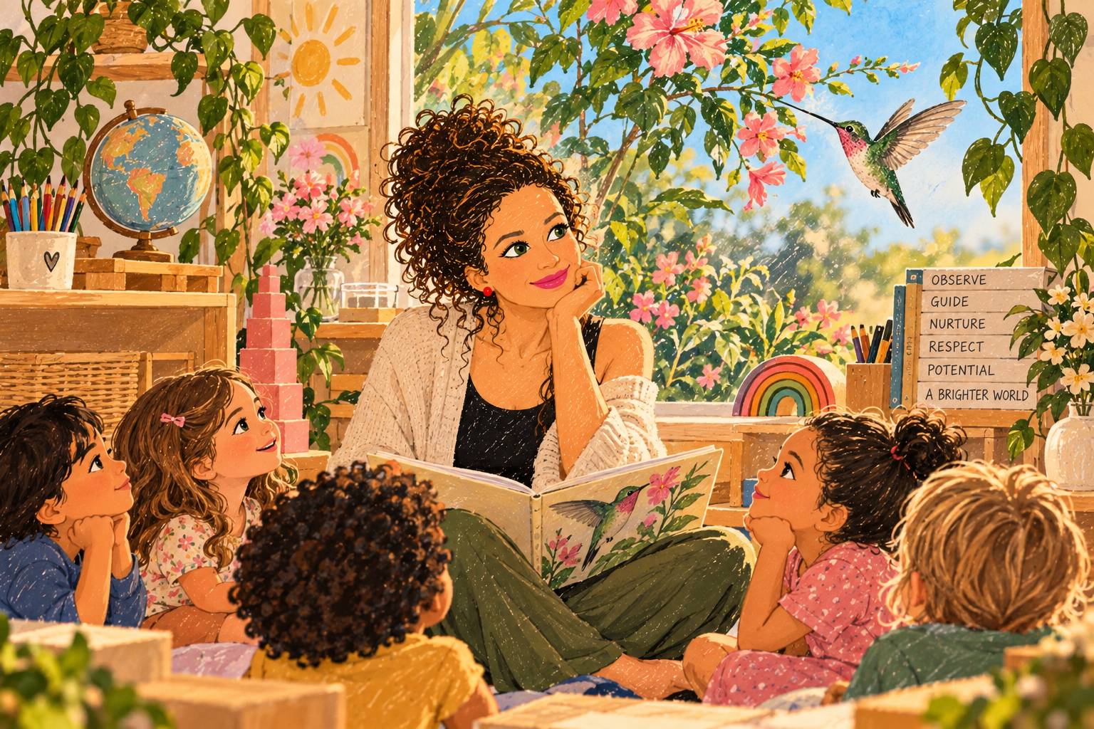 A warm illustrated Montessori classroom where Ms. Andrea sits with children gathered around her, while a hummingbird drinks nectar from flowers outside the window—a reflection of observation, childhood, growth, and noticing the sweetness in small moments.