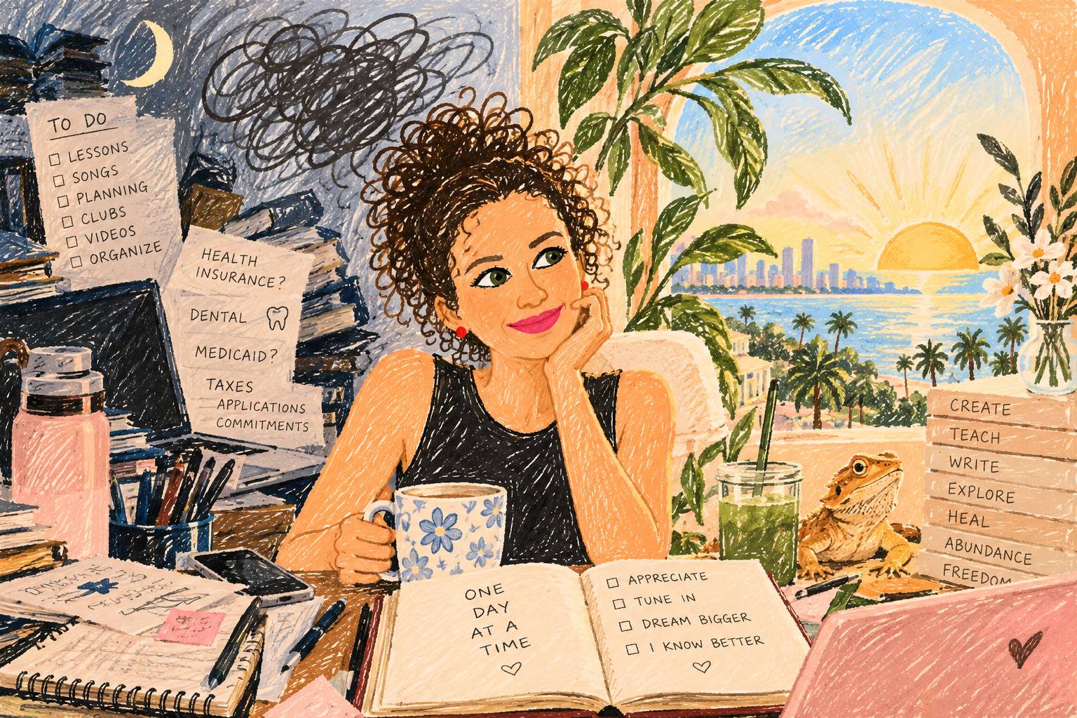 Illustration of a woman moving from overwhelm and worry toward gratitude, creativity, possibility, and a brighter perspective.