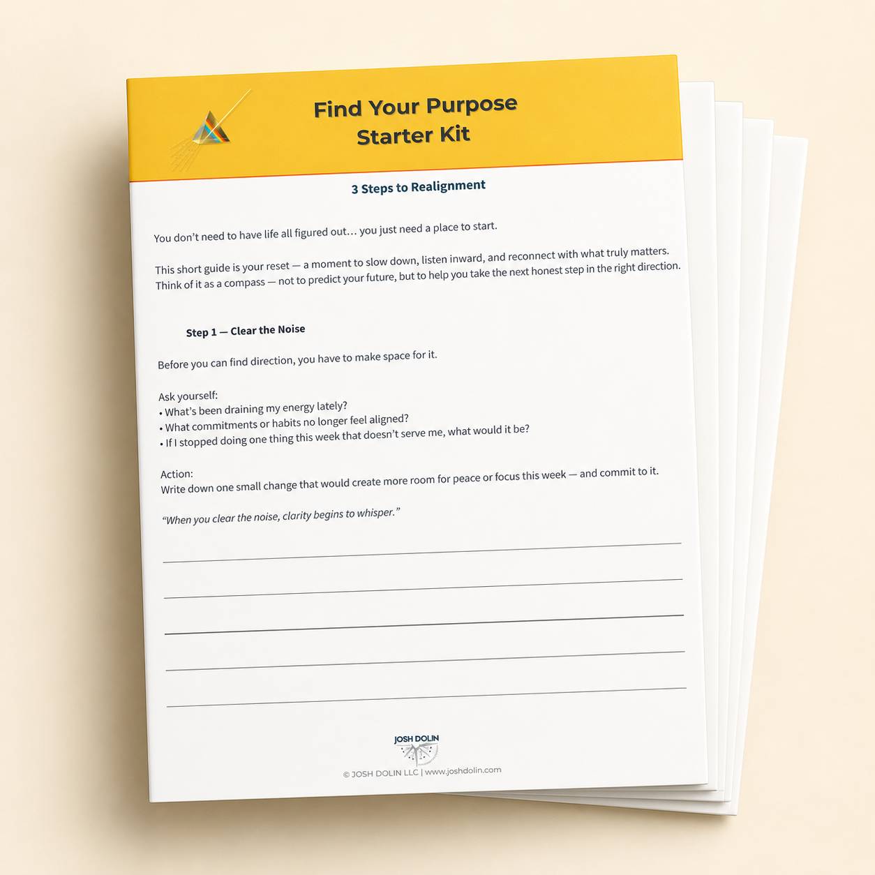 Preview of the four-page Find Your Purpose Starter Kit by Josh Dolin.