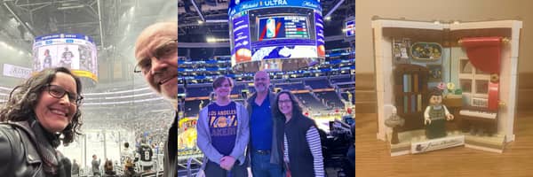 From left to right: Catching LA Kings hockey; taking in an LA Laker game (LeBron! Doncic!); my Jane Austen LEGO set, a Christmas gift